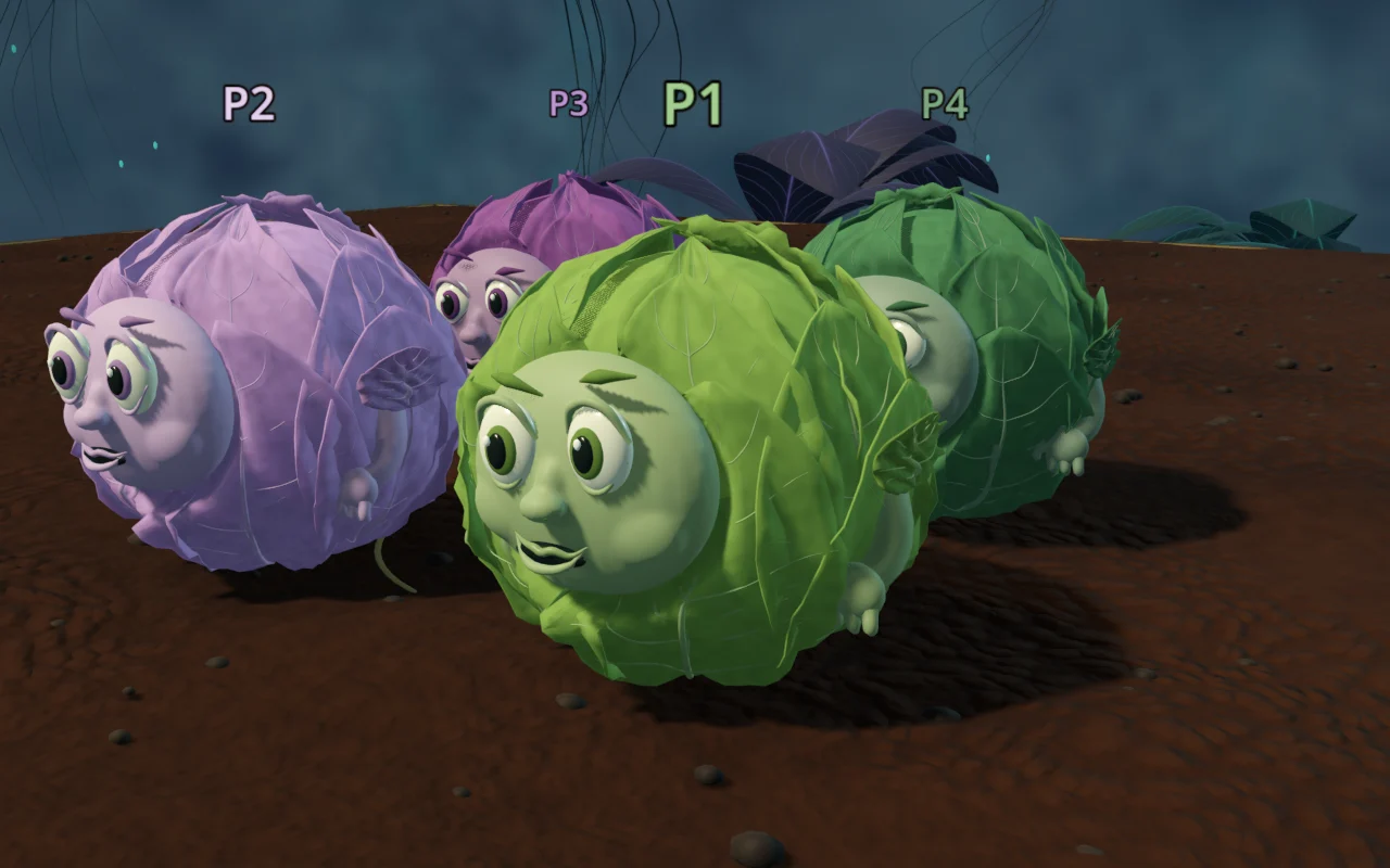 Four cabbage characters in light and dark green and purple on HEADWEIGHT’s wooden arena.